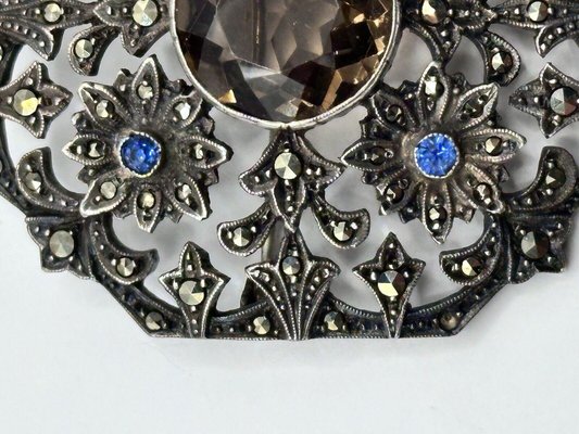 Broche Ancienne Feuille Ajourée En Argent Massif Avec Marcassite (manque 2 Pierres)