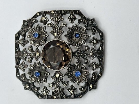 Broche Ancienne En Argent Massif Pierres Marcassite Et Onyx - XIXème - Véritable 925
