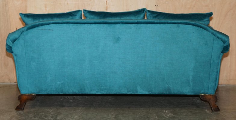 Blue Velvet Claw and Ball Feet Sofa and Armchairs, 1900s, Set of 3