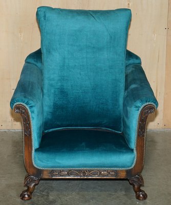 Blue Velvet Claw and Ball Feet Sofa and Armchairs, 1900s, Set of 3