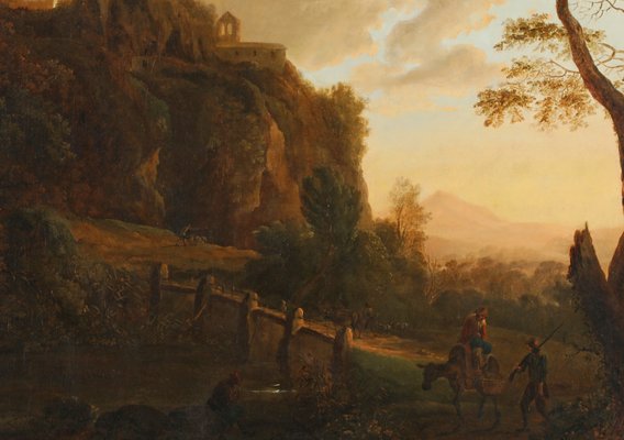Grand Tableau Huile Sur Toile - Paysage Avec Personnage - École Italienne - Cadre Ancien