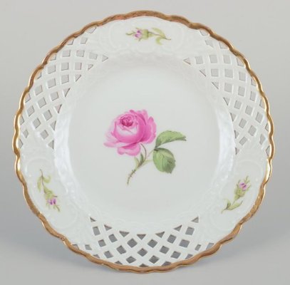 Pink Rose Reticulated Plates from Meissen, Germany, 1930s, Set of 8