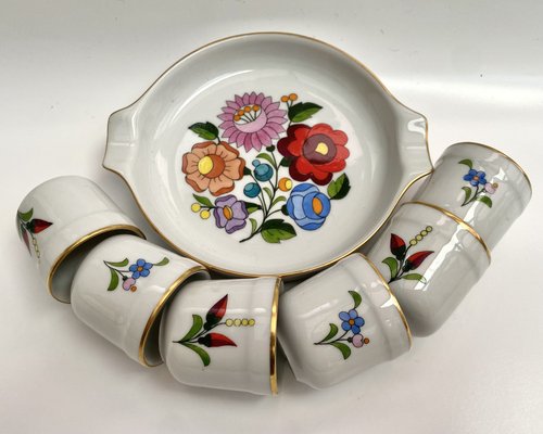 Vintage Hungarian Folk Art Kalocsa Hand-Painted Ashtray & Shot