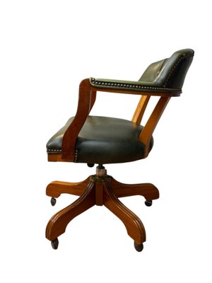 Swivel Office Old Wood Desk Chair English Green Leather And Wood