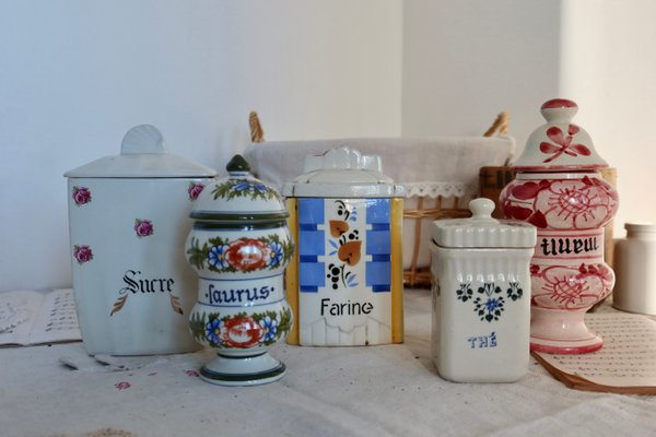 Vintage Cottage Core Porcelain and Earthenware Spice Jars, 1950s