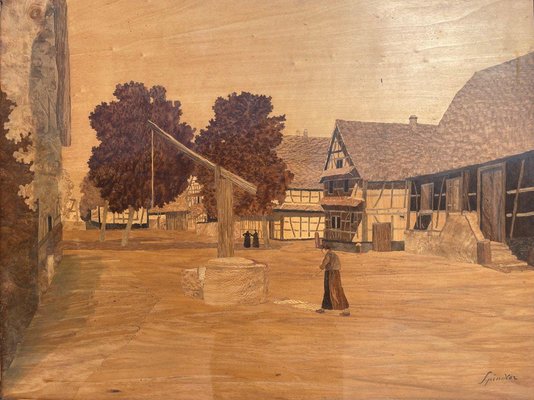 Charles Spindler, Alsatian Village, Marquetry Panel, Framed for
