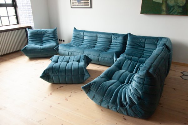 Togo Living Room Set in Blue Velvet by Michel Ducaroy for Ligne