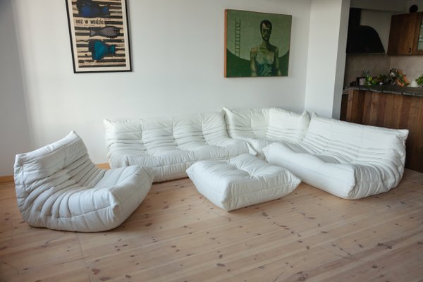 White Leather Togo Living Room Set by Michel Ducaroy for Ligne