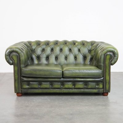English Chesterfield 2 Seater Sofa in Green Cowhide