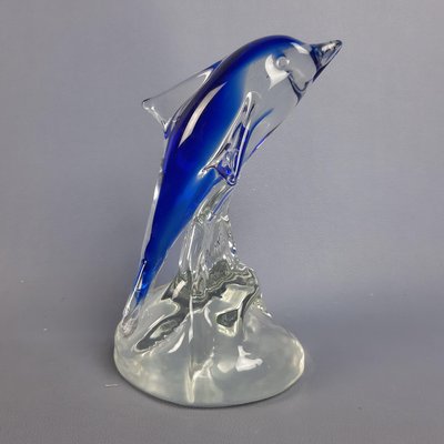 Scultura di delfino in vetro di Murano trasparente e blu, anni '80