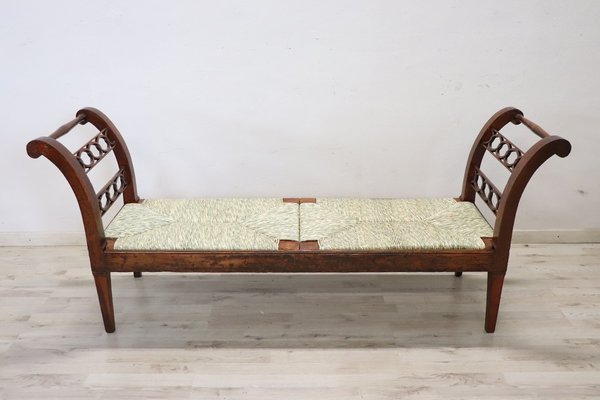 Antique Walnut Bench with Straw Seat for sale at Pamono