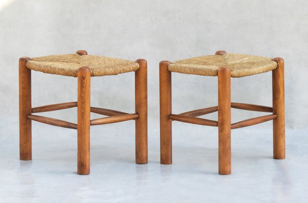 Set of Beech and Rush Tabouret Stools in the style of Charlotte