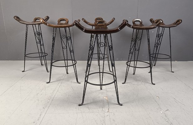 Vintage Spanish Wrought Iron Bar Stools, 1960s, Set of for sale