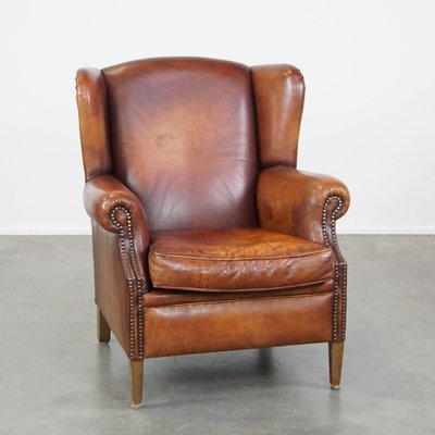 Poltrona vintage in pelle di pecora, stile inglese in vendita su