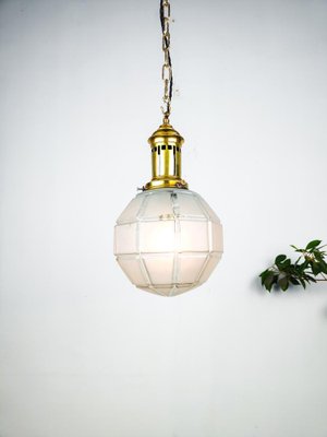 French Art Deco Facetted Brass and Etched Glass Globe Pendant for