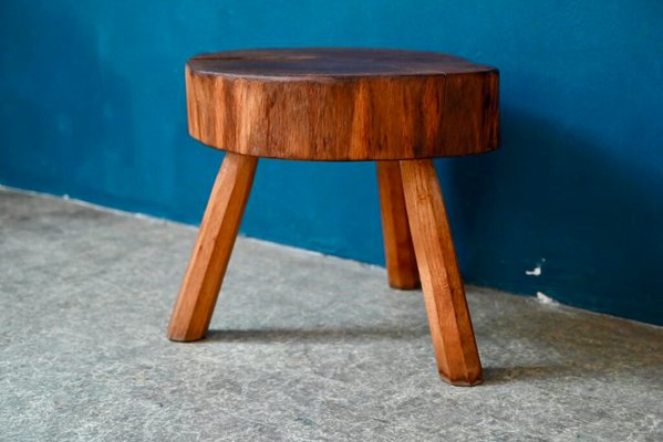 Brutalist Primitive Tripod Stool in Thick Wood for sale at Pamono