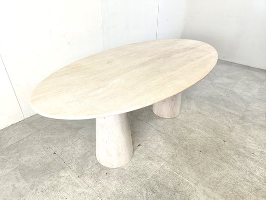 Table à Manger Ronde Vintage En Travertin Des Années 80 - 140cm, Style Rétro