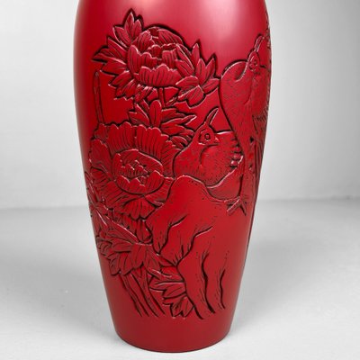 花瓶・フラワースタンド 1970s Tofej Hungary Red Bottle Vase Shōwa Period Wooden Murakami Lacquered Carved Ikebana Vase, 1980s