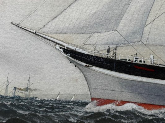イギリス製グラスペインティング④　ヨットB　額入り　絵画 イギリス製グラスペインティング④ ヨットB 額入り 絵画