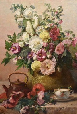 Léon Leblanc, Mallow and Hibiscus Flowers, Oil on Canvas, Late
