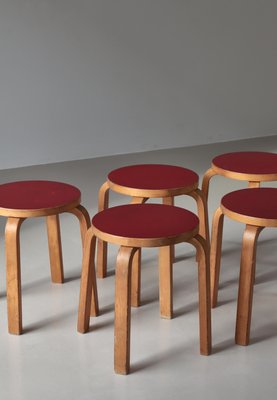 L-Leg Stools in Red Linoleum and Birch by Alvar Aalto for Artek