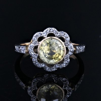 19th Century 18 Karat Yellow Gold Flower Ring with Ceylon Yellow Sapphire  and Diamonds