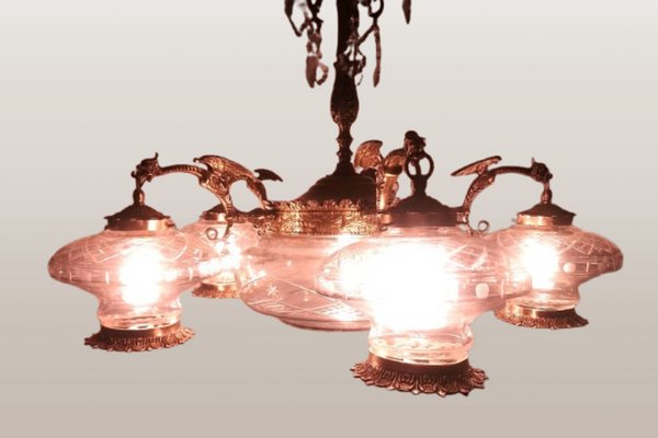 Large Gothic Style 6-Light Brass Dragon Chandelier, 1940s for sale