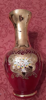 Vase d'art vintage en verre - tourbillon rouge et ambre de style Murano, pièce décorative soufflée à la main - France