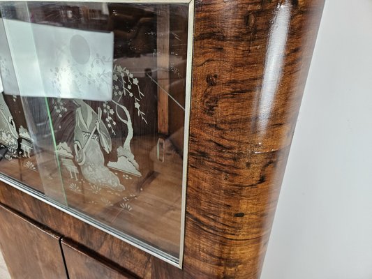 Art Deco Corner Display Cabinet in Walnut with Sliding Glass and