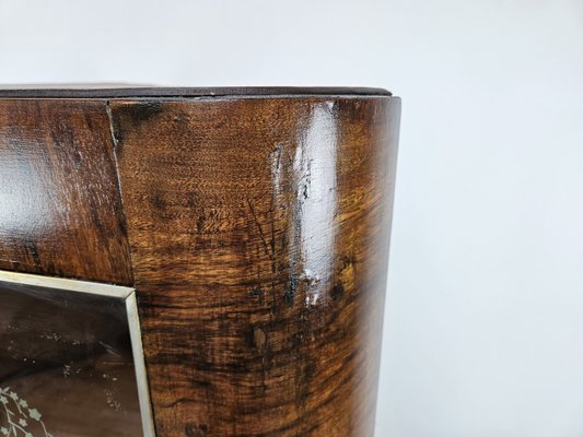 Art Deco Corner Display Cabinet in Walnut with Sliding Glass and