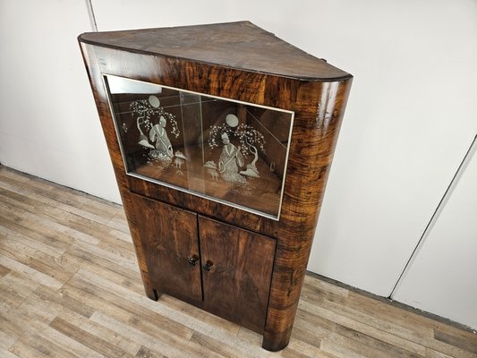 Art Deco Corner Display Cabinet in Walnut with Sliding Glass and