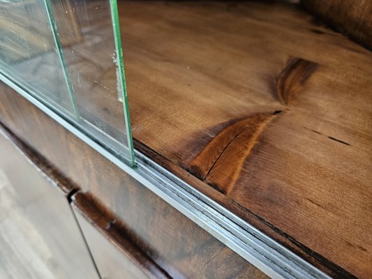 Art Deco Corner Display Cabinet in Walnut with Sliding Glass and