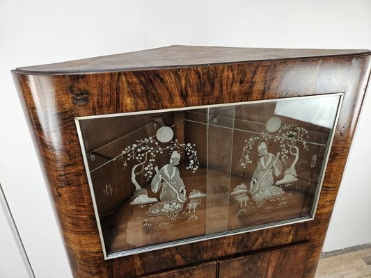 Art Deco Corner Display Cabinet in Walnut with Sliding Glass and