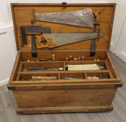 19th Century Carpenters Pine Tool Chest and Tools, 1900s for sale