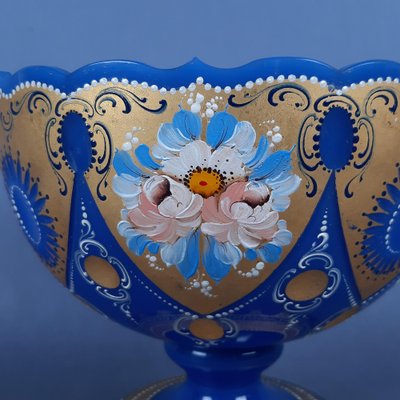Vintage Blue Periwinkle Gold Flowers Murano Glass Cup by Fratelli