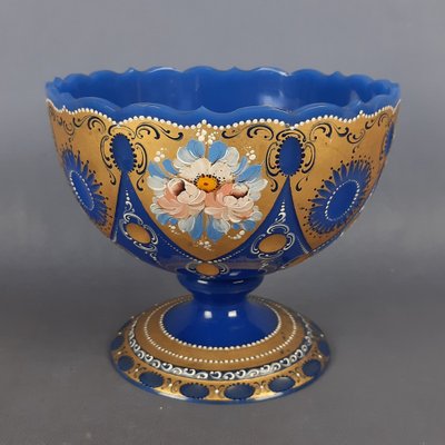 Vintage Blue Periwinkle Gold Flowers Murano Glass Cup by Fratelli