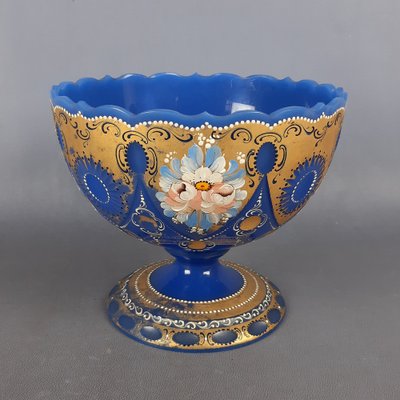Vintage Blue Periwinkle Gold Flowers Murano Glass Cup by Fratelli