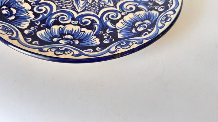 Large Italian Ceramic Serving Platter with Blue Floral Botanical