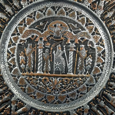 Persian Qalam Zani Chiseled Silvered Copper Wall Plate Art, 1900s