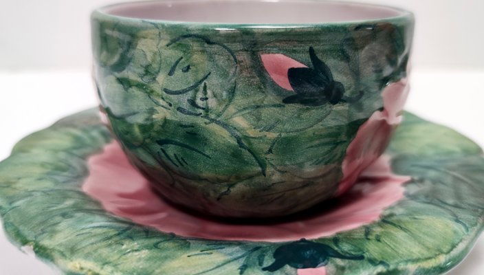 Green Earthenware Tea or Coffee Cups with Floral Motifs by Zaccagnini, 1940s,  Set of 4 for sale at Pamono