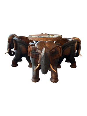 Hand-Carved Wooden Elephant Table Set, Set of 5 for sale at Pamono