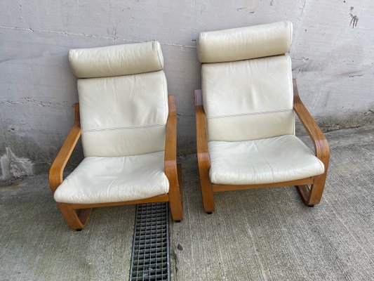 Vintage Wooden Leather Poang Armchairs from Ikea, 1990s, Set of