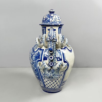 Antique Italian Vase with Lid in Blue and White Majolica, 1715 for
