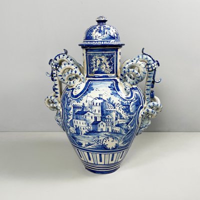 Antique Italian Vase with Lid in Blue and White Majolica, 1715 for