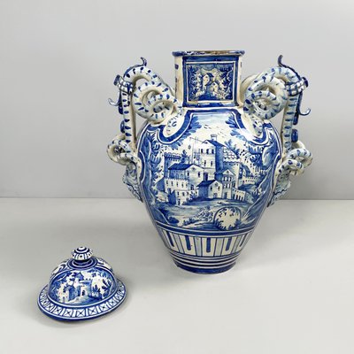 Rare SARDELLI Italy Blue Vase 30cm 希少 青 Antique Italian Vase with Lid in Blue and White Majolica, 1715 for