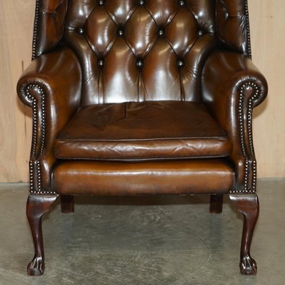 Chesterfield Chestnut Brown Leather Wingback Armchairs Ottomans