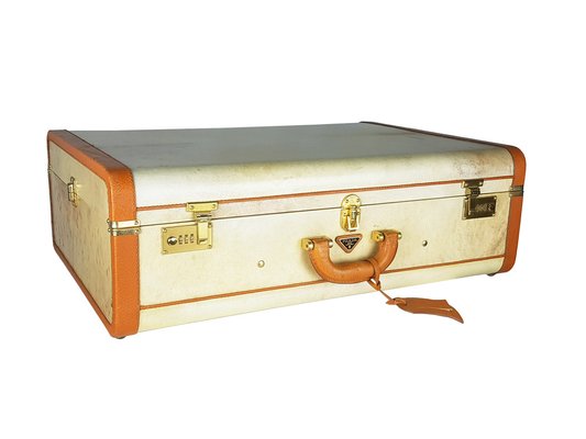Vintage Brown Leather and Ivory Pergamena Suitcases from Prada