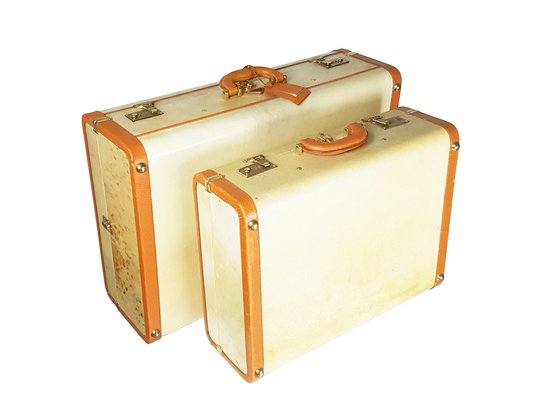 Vintage Brown Leather and Ivory Pergamena Suitcases from Prada