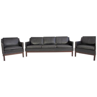 Vintage Black Buffalo Leather Sofa, Leather Sofa And Two Chairs