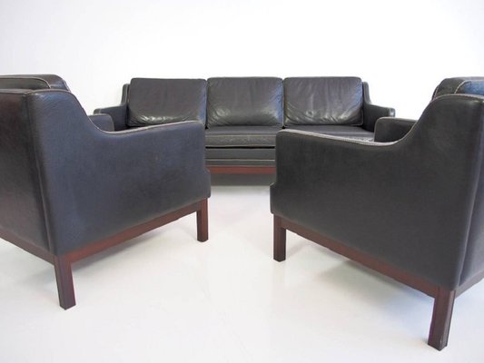 Vintage Black Buffalo Leather Sofa Two Easy Chairs Set Of 3 For At Pamono Vintage Black Buffalo Leather Sofa, Grey Leather Sofa And 2 Chairs Set